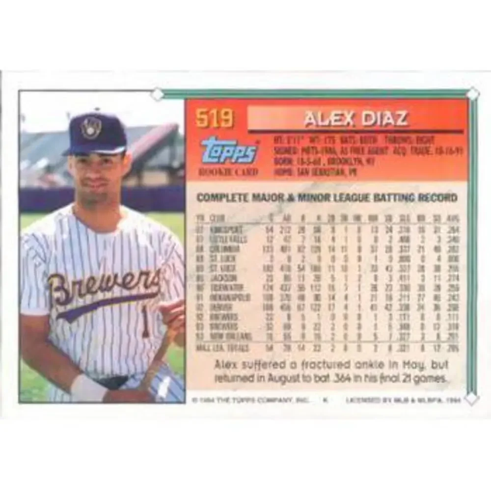 1994 Topps Alex Diaz RC # 519 Milwaukee Brewers